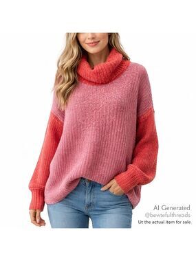 KAISLEY L heathered purple/rust wool blend cowl neck puffy long sleeve sweater